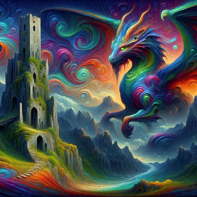 Primary subject: A dragon with a long tail and horns, standing in front of a colorful, swirling background.

Setting/background: The dragon is standing in front of a colorful, swirling background, which appears to be a painting or digital art.

Visual style: The image is a digital art or painting, featuring a vibrant and colorful dragon.

Colors and mood: The colors in the image are predominantly bright and vivid, creating a l